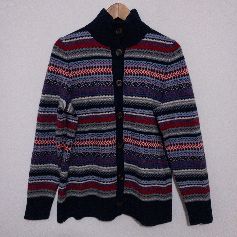 LL Bean Cardigan Sweater Womens Large Blue Red Nordic Fair Isle Merino Wool